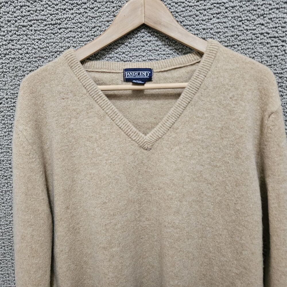 LANDS' END Men's Sweater Tan V-Neck Lambswool Long Sleeve Size L - Picture 2 of 6